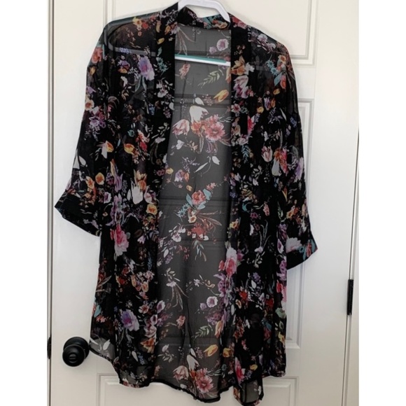 Black Multicolored Floral Print Coverup Duster Cardigan - Picture 1 of 3